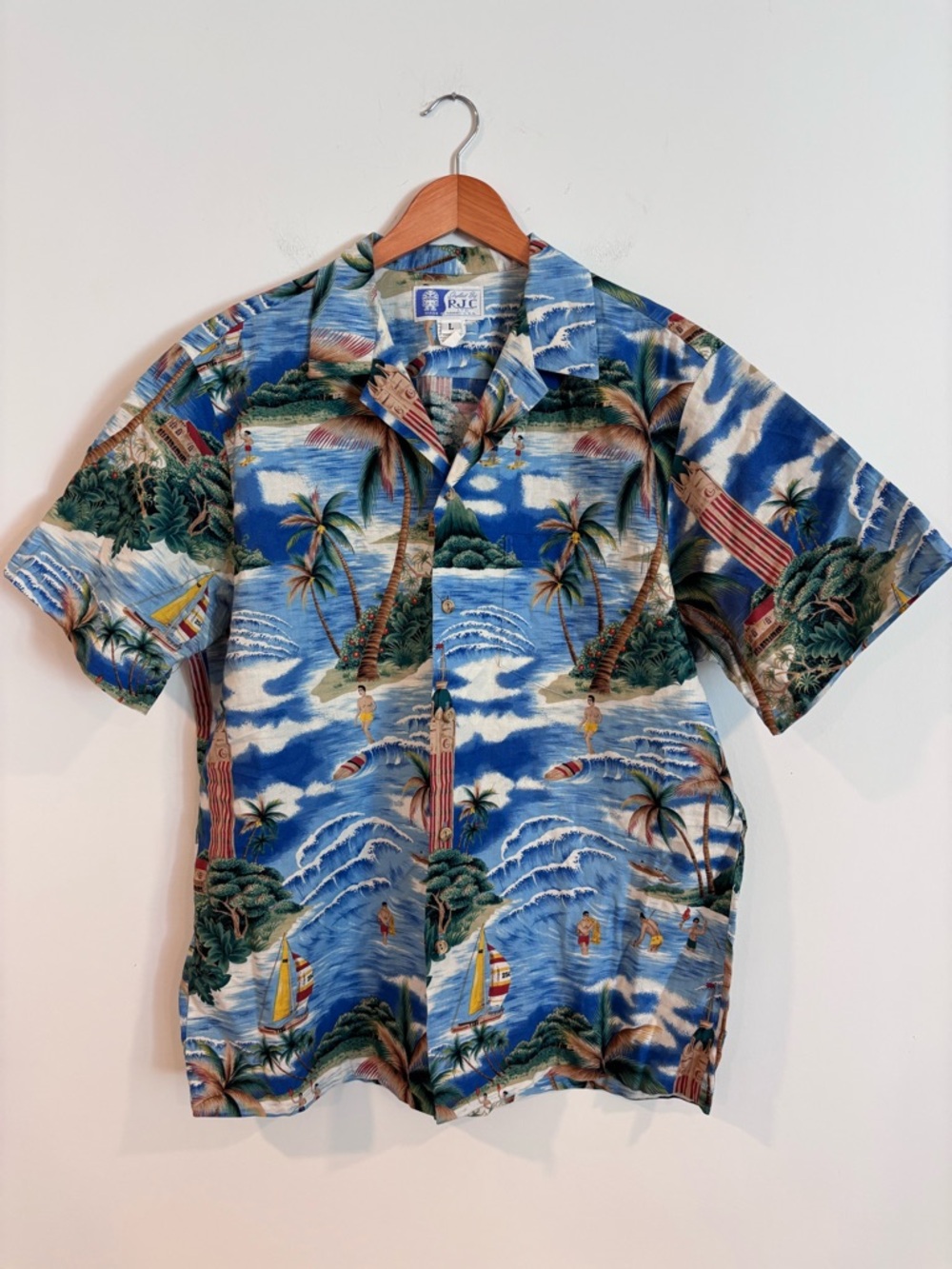 Vintage RJC Hawaiian Shirt Made in Hawaii Blue Tropical Print Size L